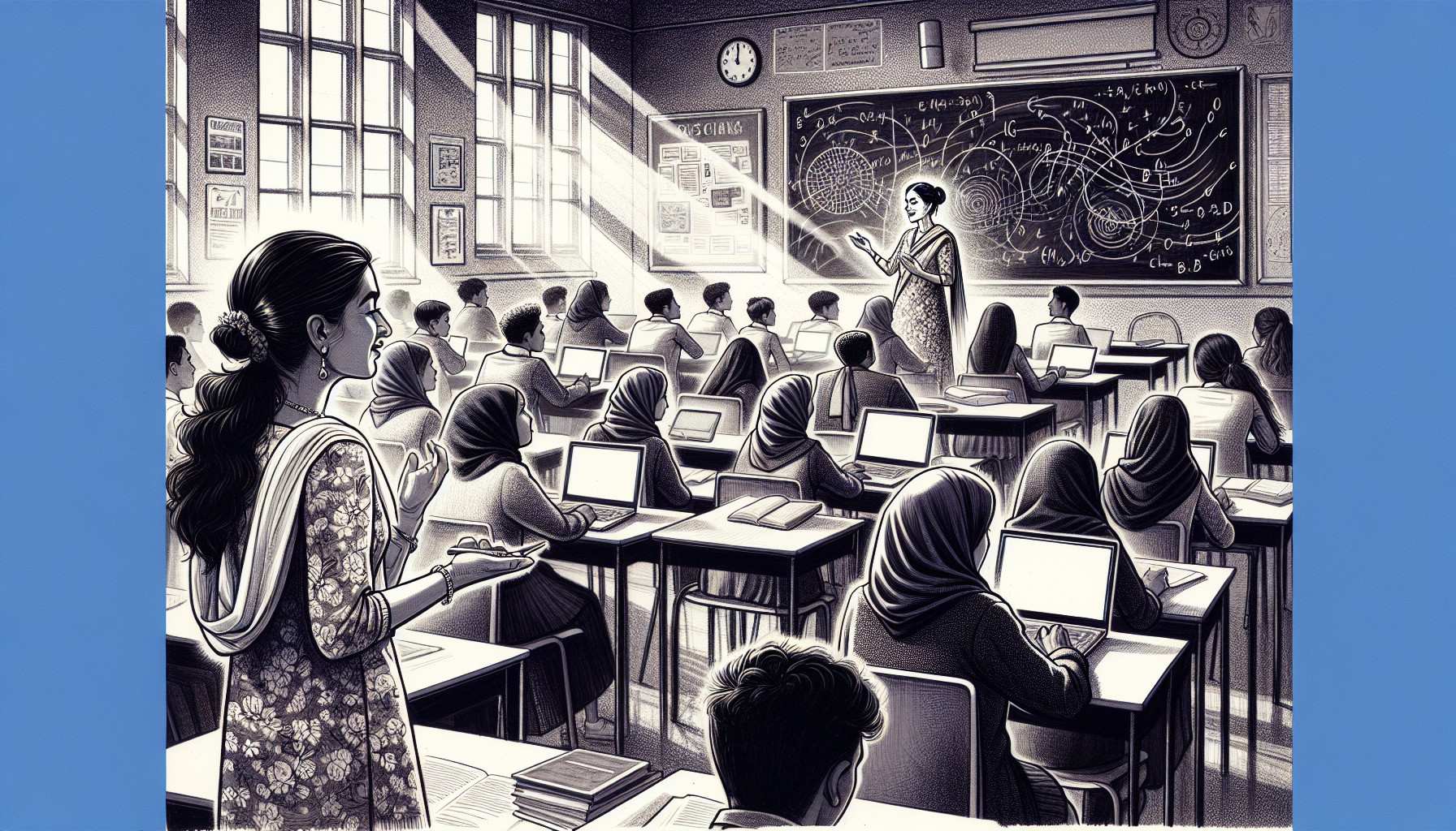 Illustration of a teacher in a sixth form college classroom