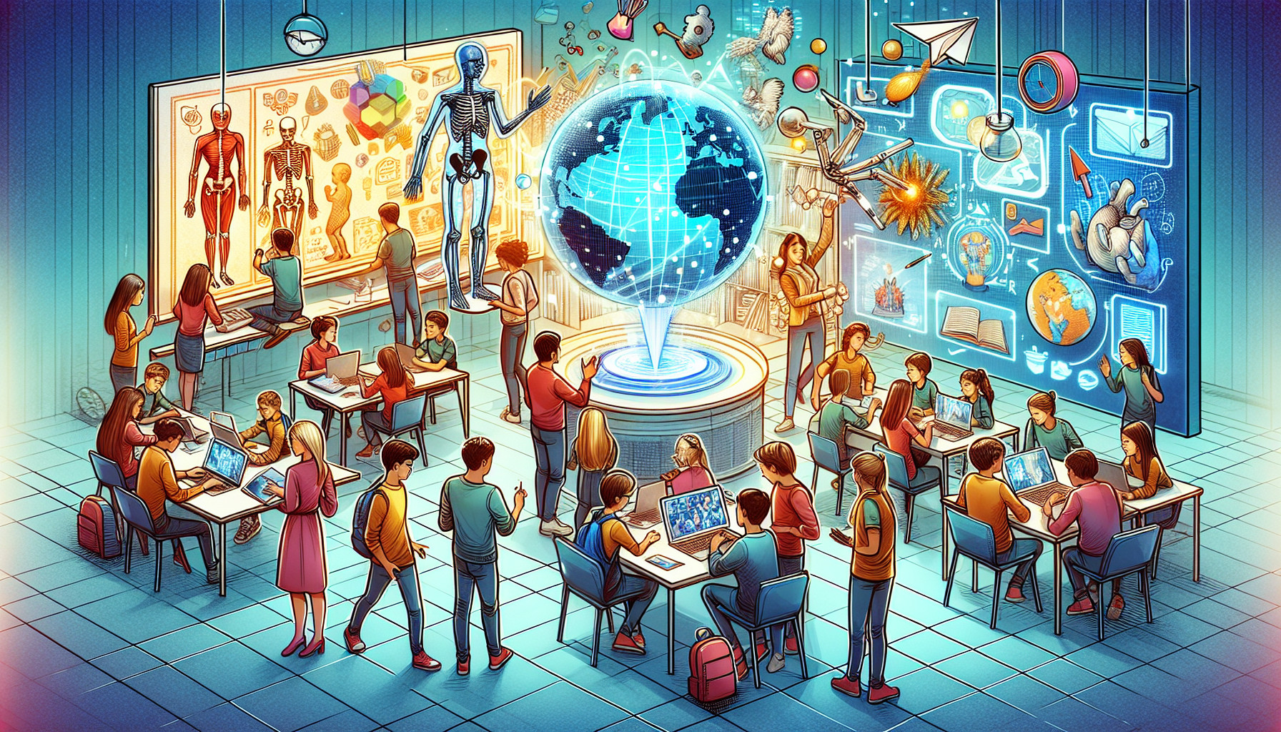 An engaging illustration of students interacting with multimedia and visual aids in a classroom setting
