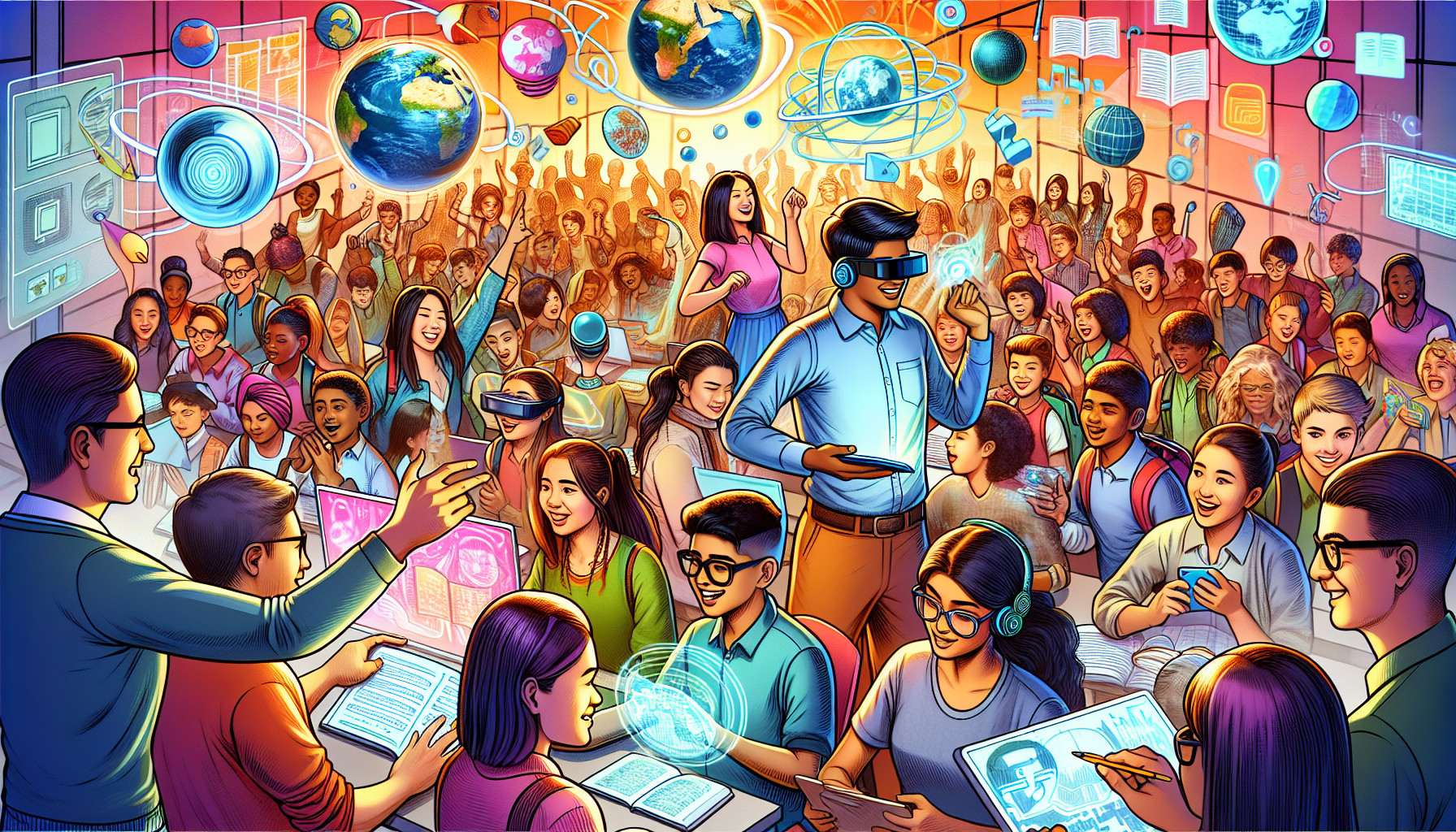 A vibrant illustration of a classroom filled with students interacting with multimedia and visual aids