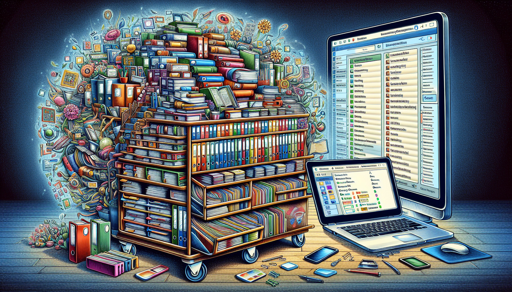 An organized illustration of lesson materials arranged in teacher trolleys and digital resource management systems