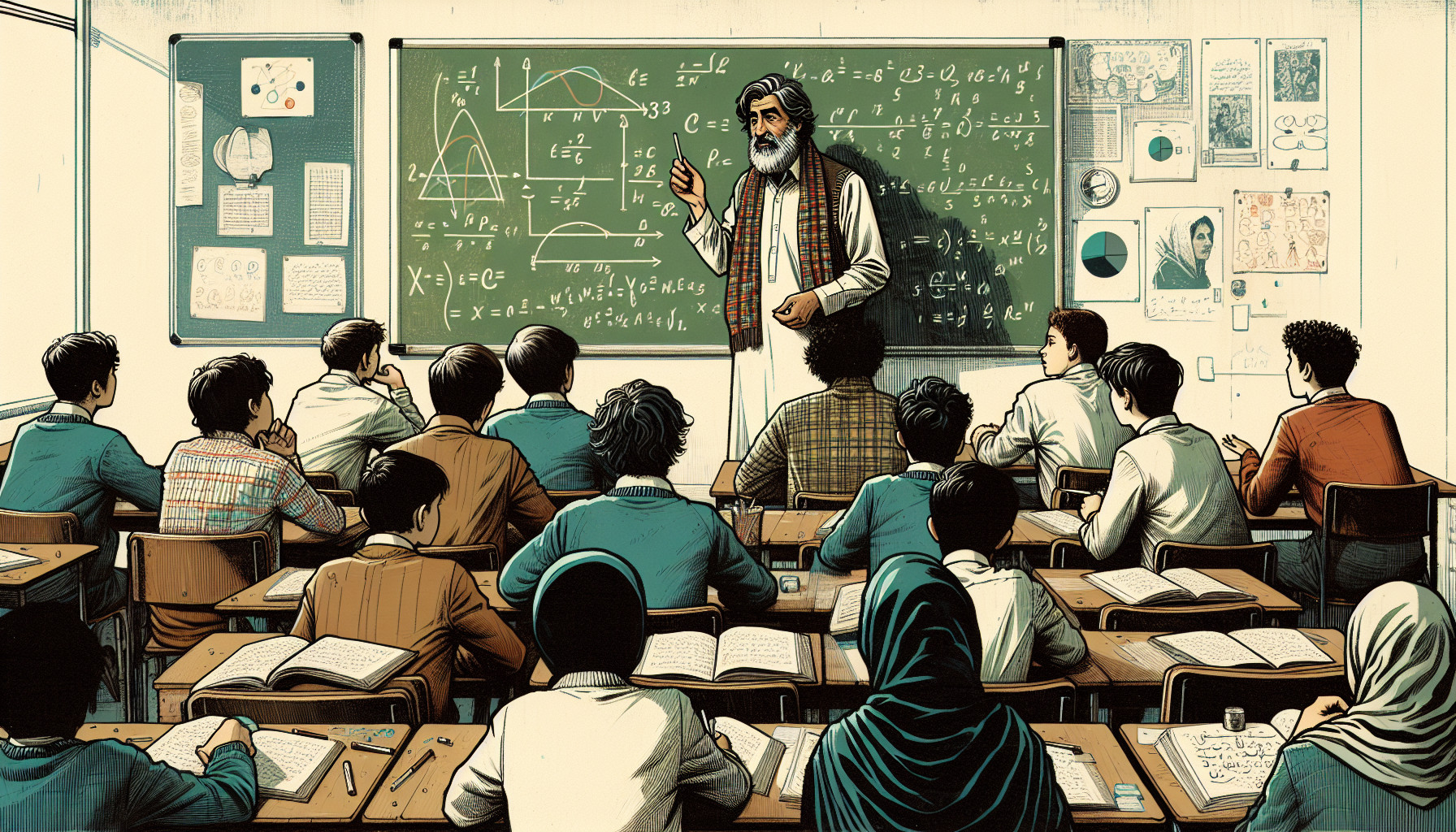 Illustration of a classroom with a teacher and students