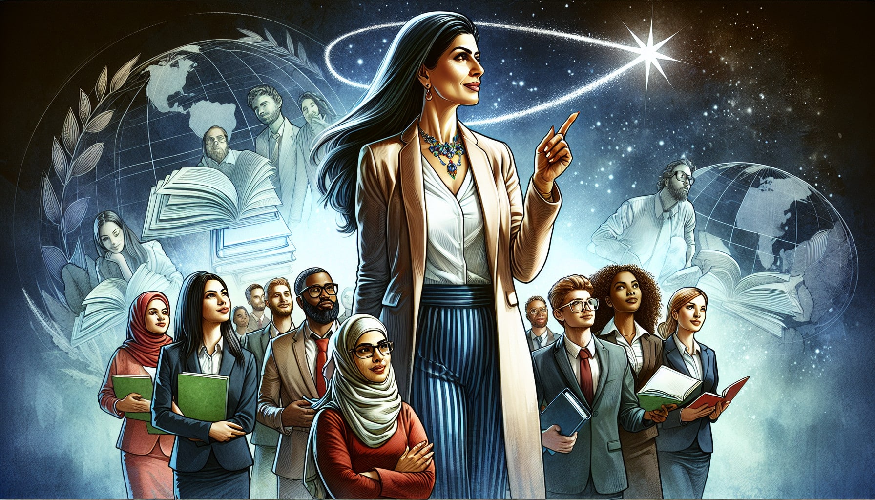 A visionary illustration of a teacher as a leader guiding a group of educators