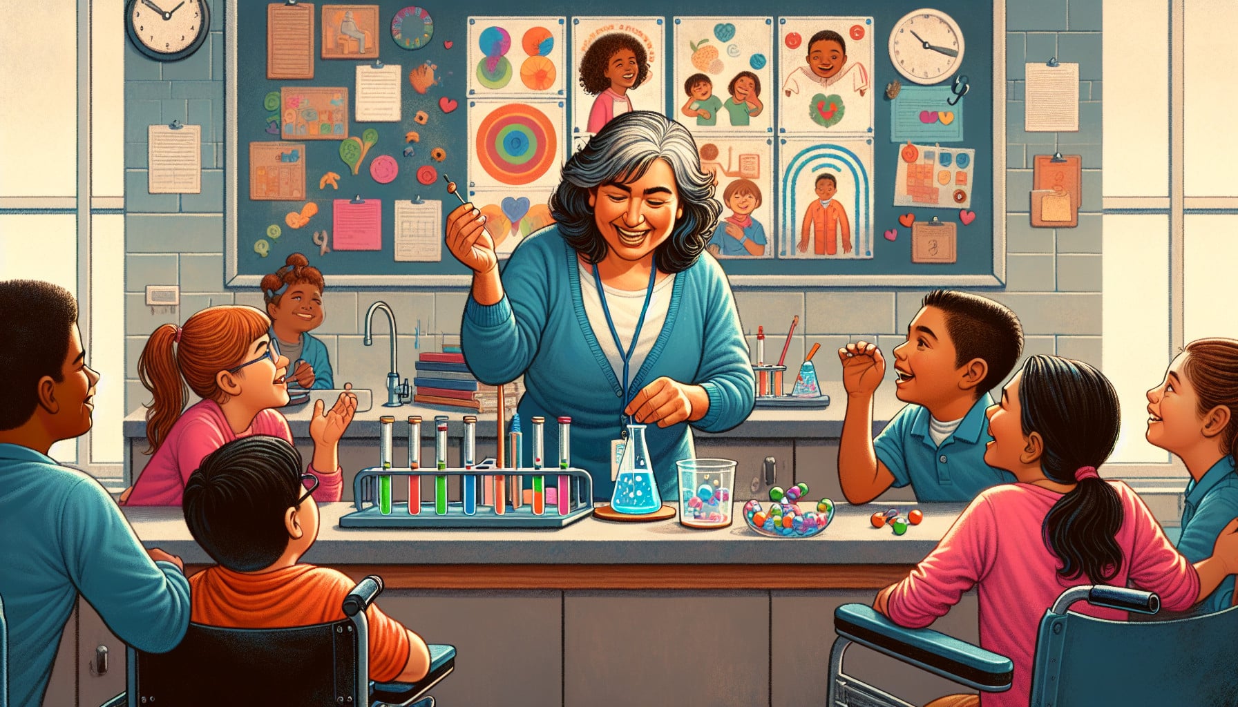 Illustration of a special education teacher with students