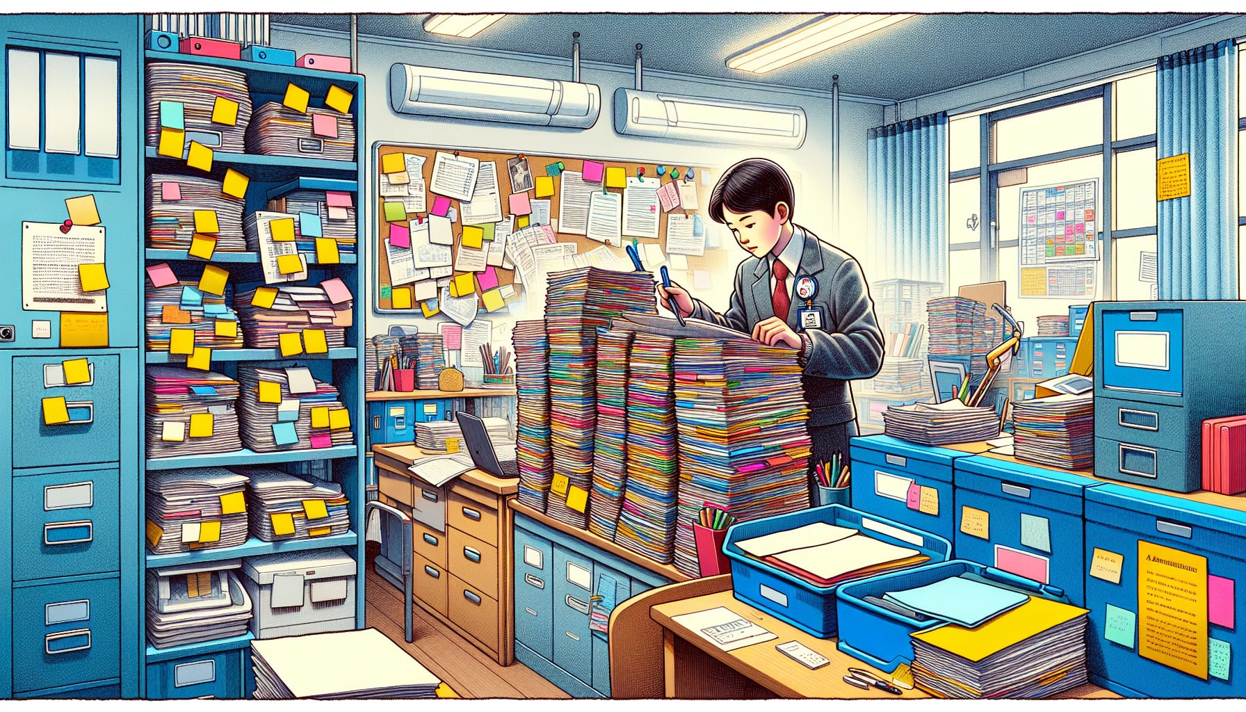 A school administrator organizing paperwork in an office