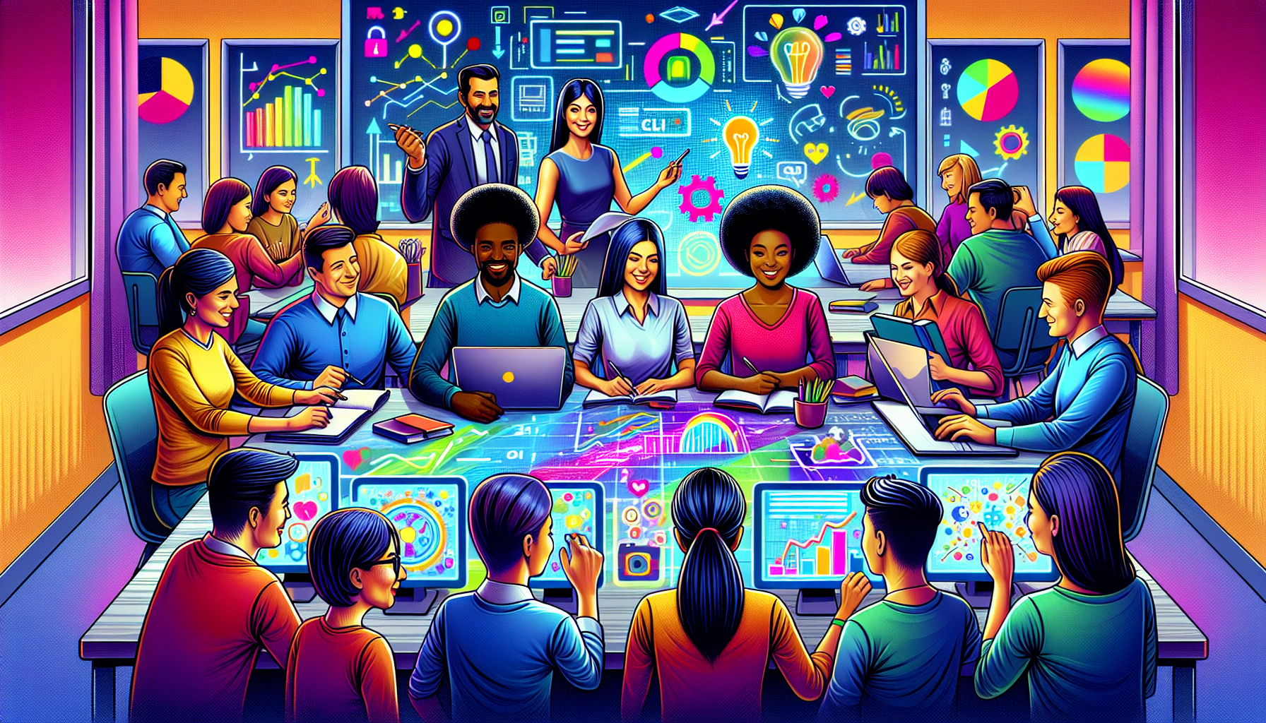 An illustration showing teachers using AI technologies in the classroom.