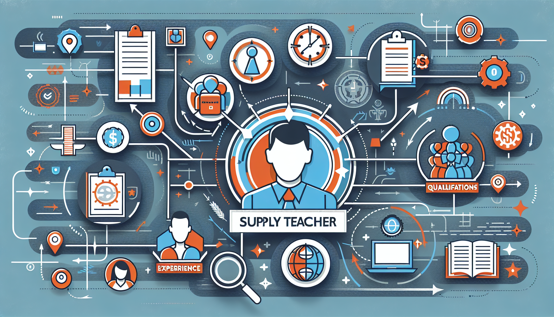 An illustration showing various factors influencing pay rates for supply teachers.