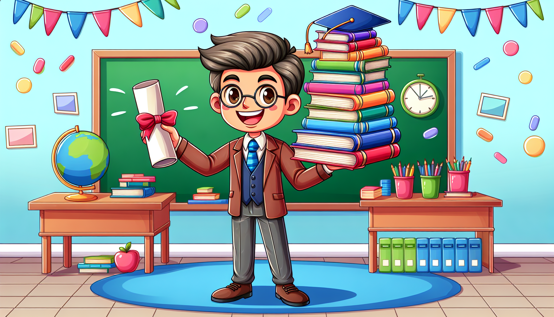 An illustration of a teacher holding a diploma and a stack of books, symbolizing teacher training and credentials.