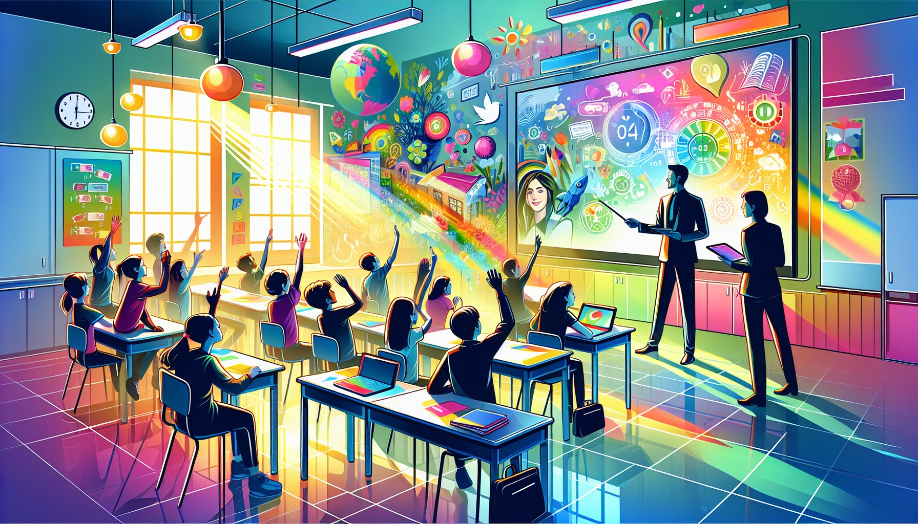 An illustration of a teacher using technology in the classroom, highlighting unique skills.