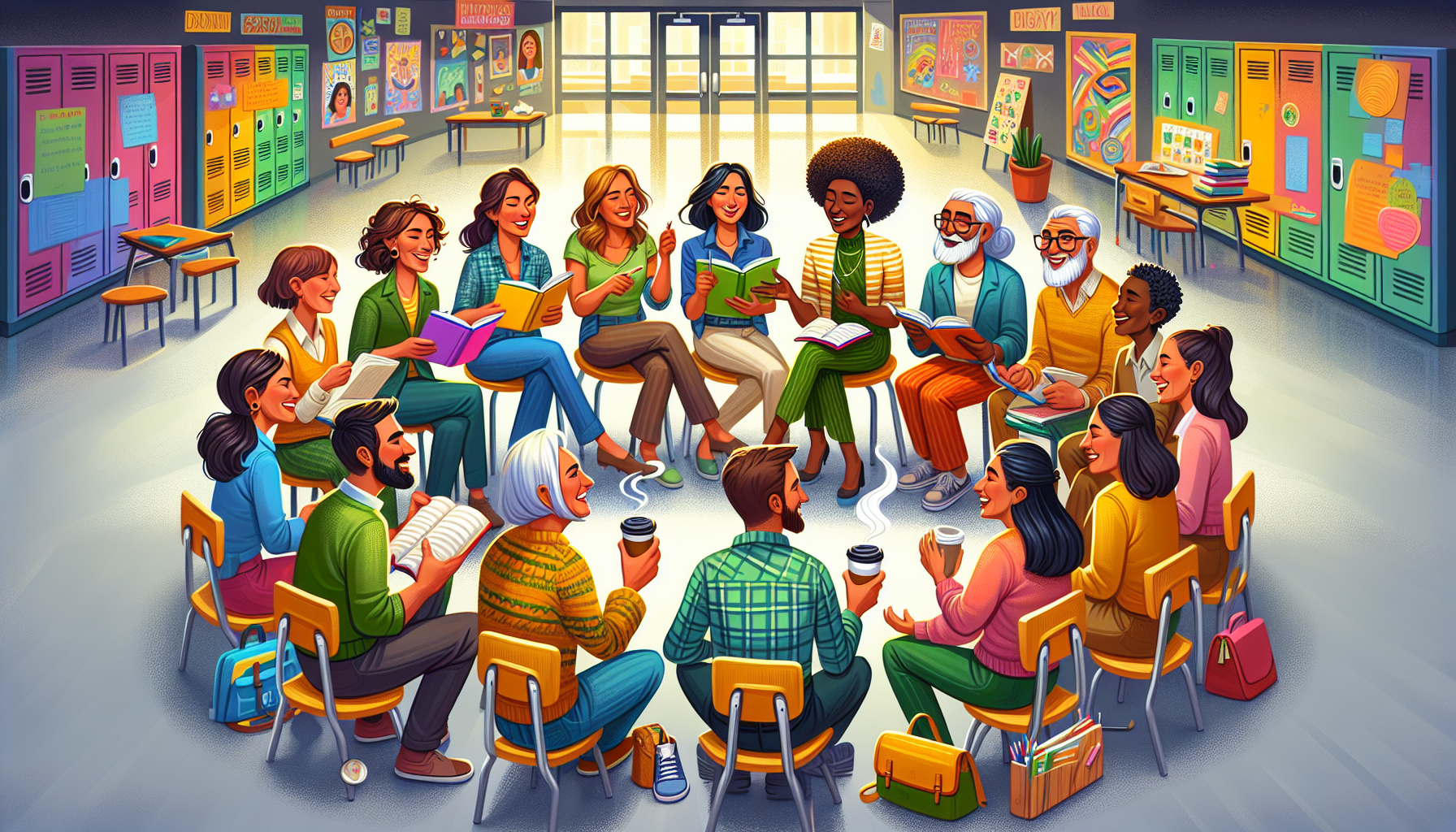 A depiction of teachers collaborating and building relationships within the education community.