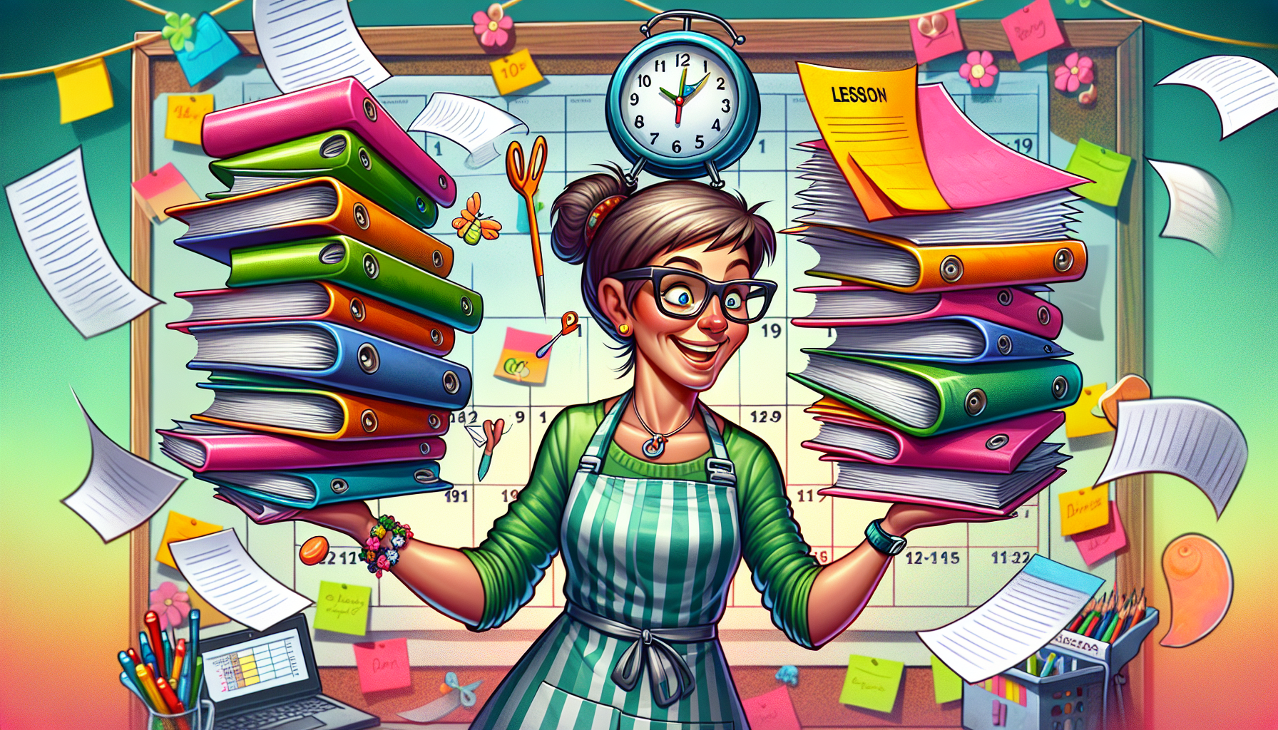 An illustration of a teacher managing time and stress, emphasizing work-life balance.