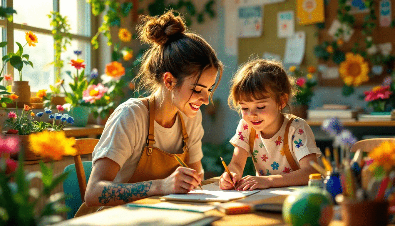 A caring teacher helping a student with their work.