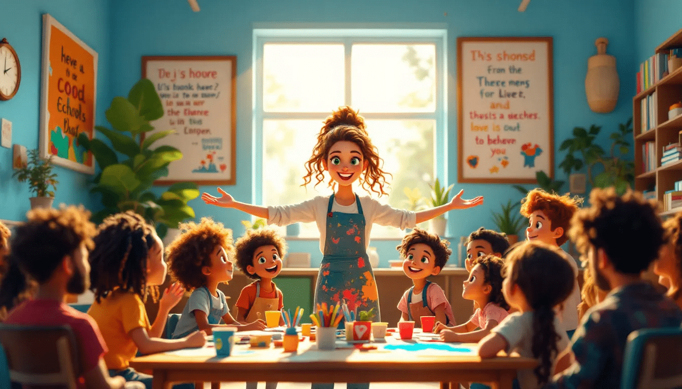 An inspiring teacher engaging with students in a vibrant classroom.