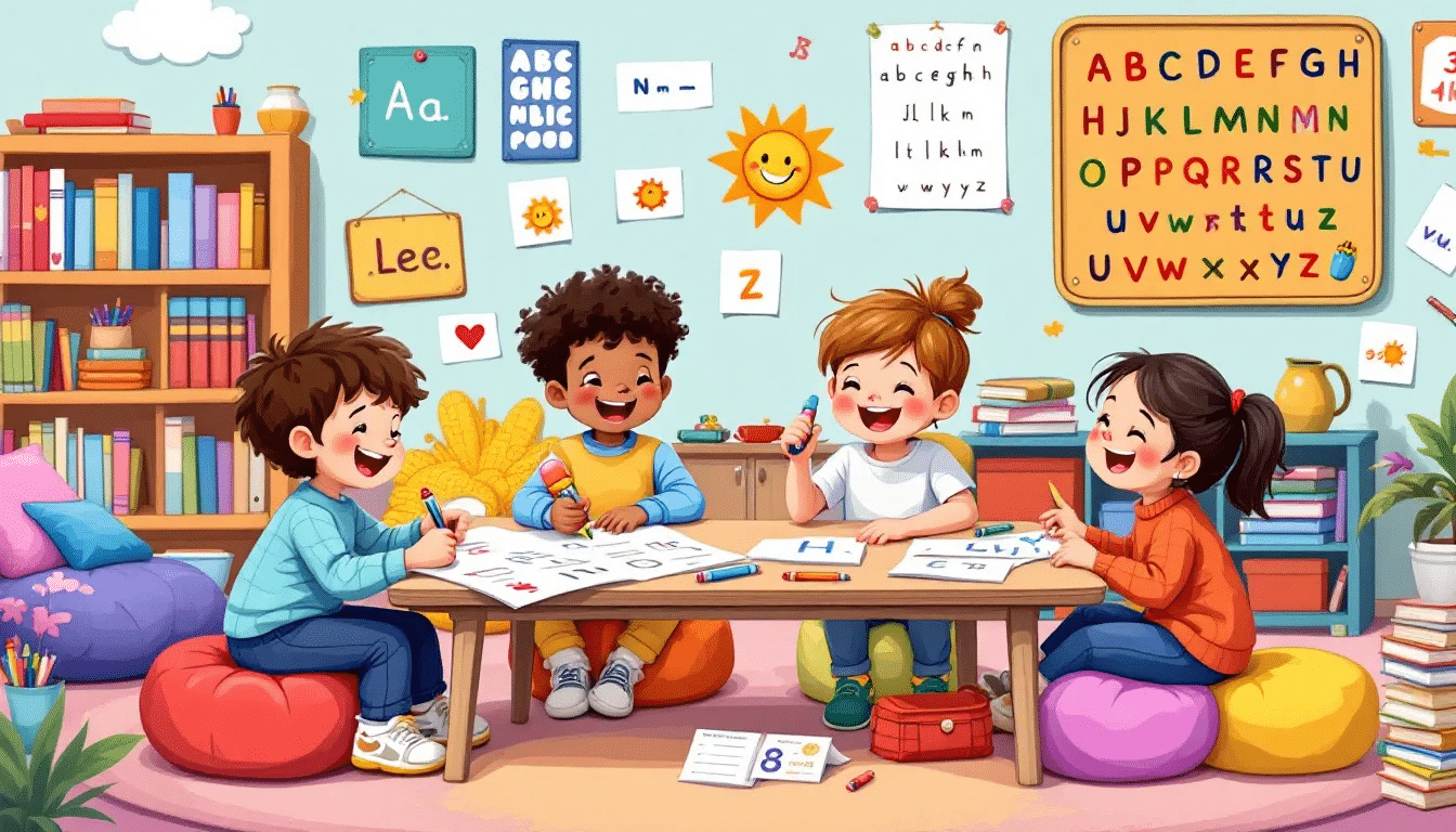 A group of children engaged in fun SEN writing activities to boost their literacy skills.