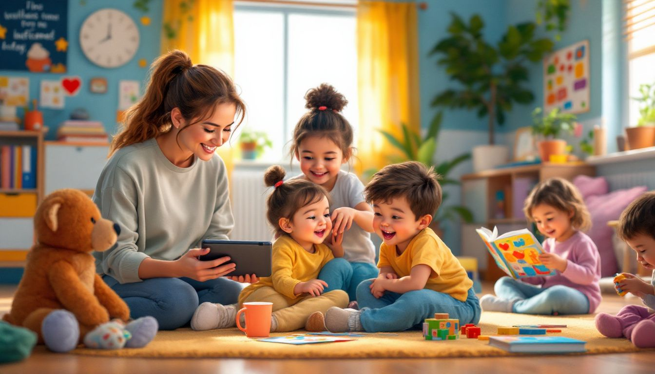 An SEN teaching assistant interacting with students in a supportive learning environment.