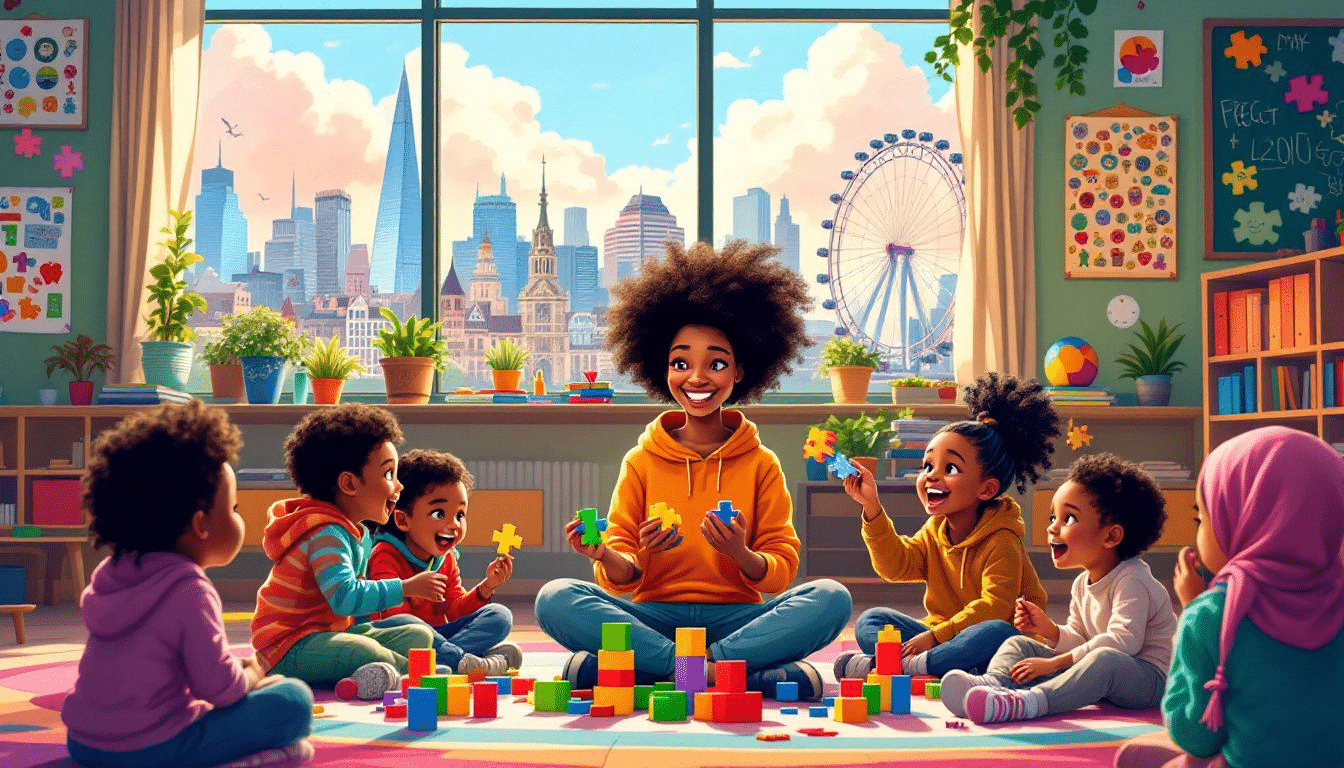A classroom with a teaching assistant engaging with children in a primary school setting.