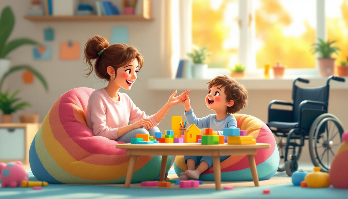 A teaching assistant demonstrating communication skills with a child.