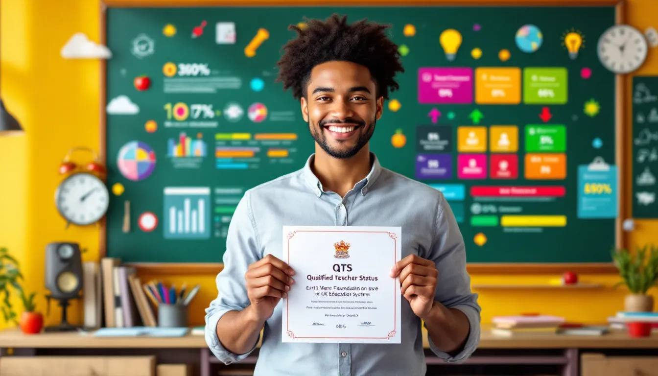 A teacher holding a certificate of Qualified Teacher Status (QTS) in a classroom, showcasing the qualifications needed to teach in the UK.