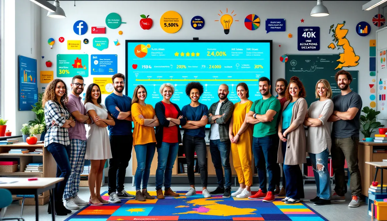 A group of diverse teachers standing together in a classroom setting, representing the beginning of their teaching journey in the UK.