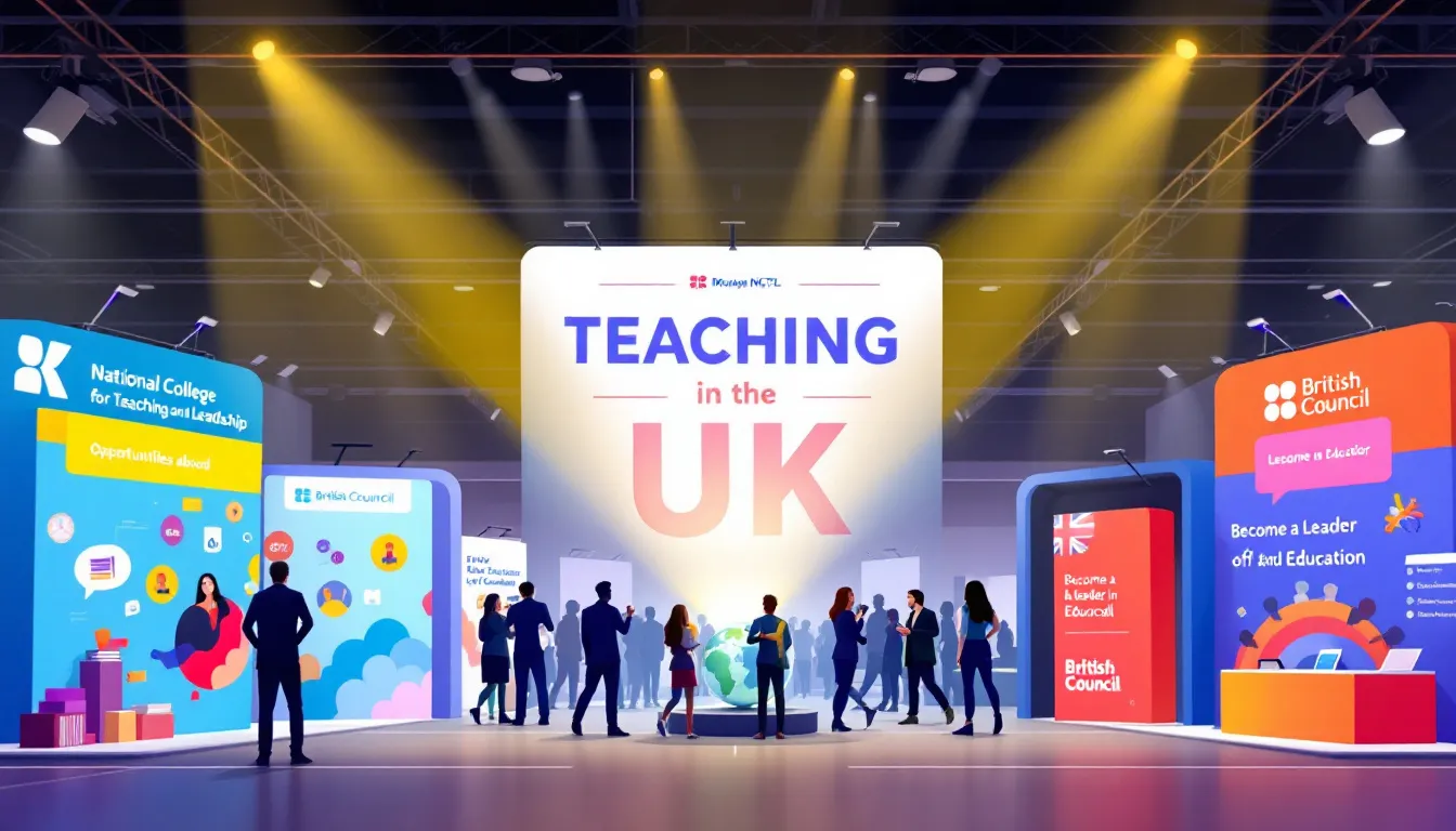 A job fair event with various booths for teaching jobs in the UK, attracting international teachers seeking opportunities.