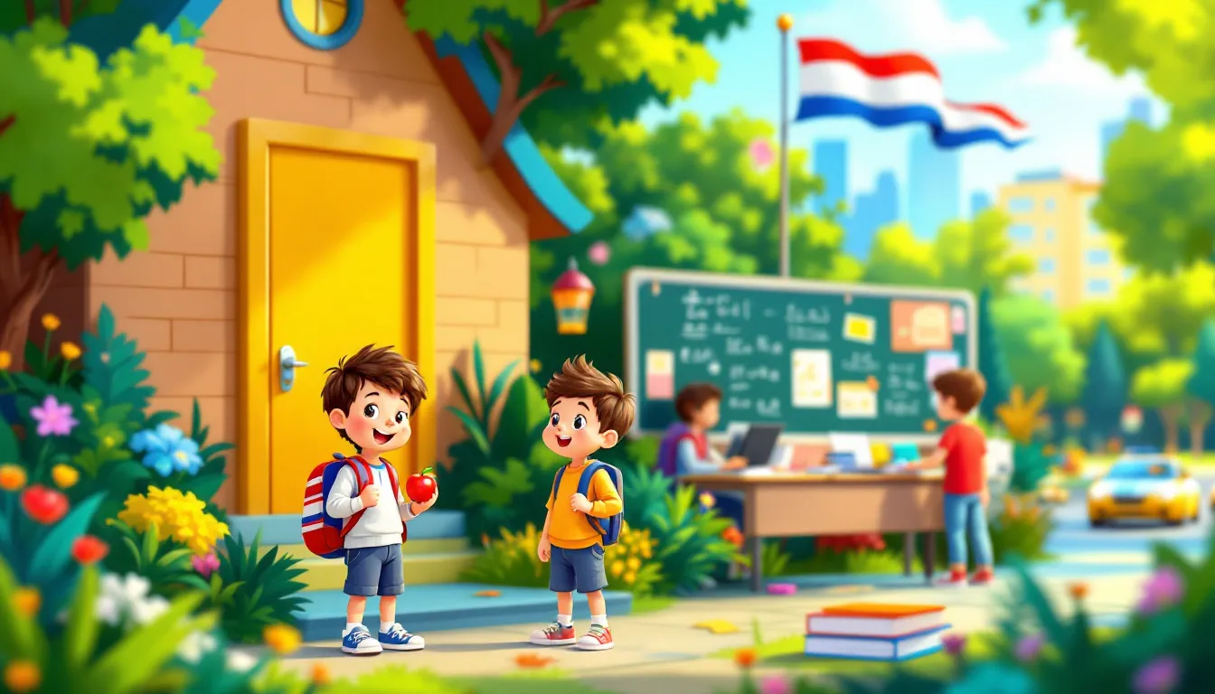 An illustration showing the transition of a young person between educational stages.