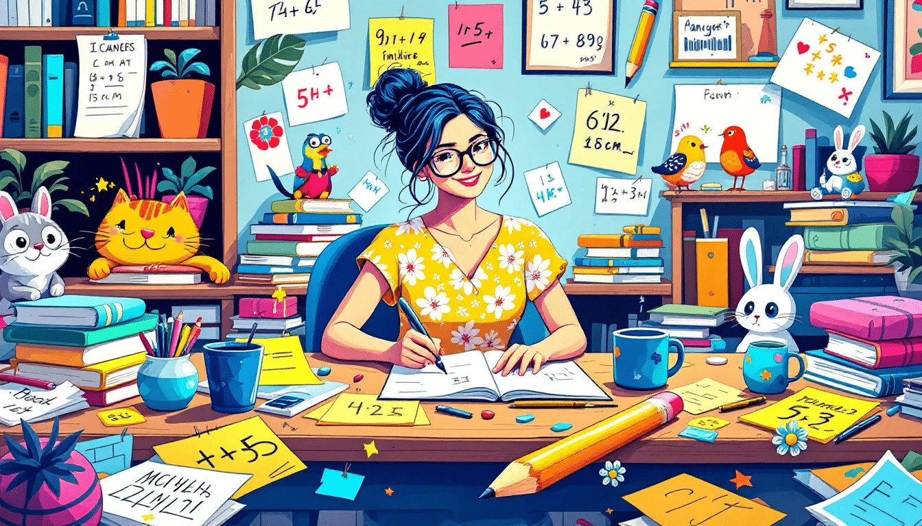 A teacher marking student assignments on a desk, showing the marking workload.