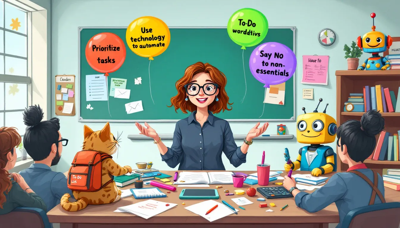 A teacher explaining practical tips for reducing workload to a group of fellow teachers.