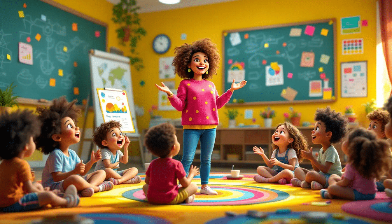 A teacher integrating positive psychology into a lesson in a cheerful classroom.