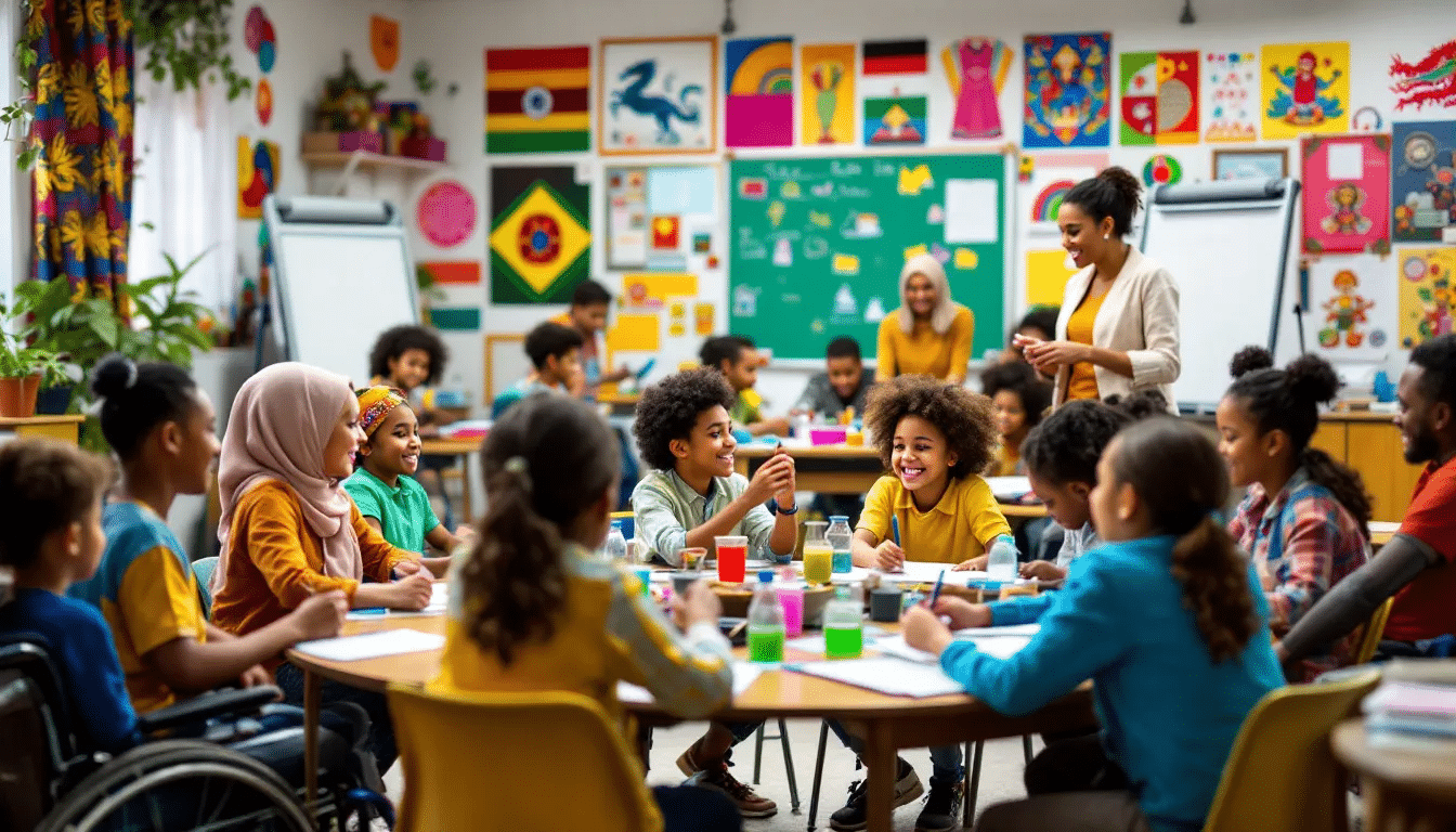 A diverse classroom environment showcasing students engaged in learning activities, reflecting a positive classroom culture.