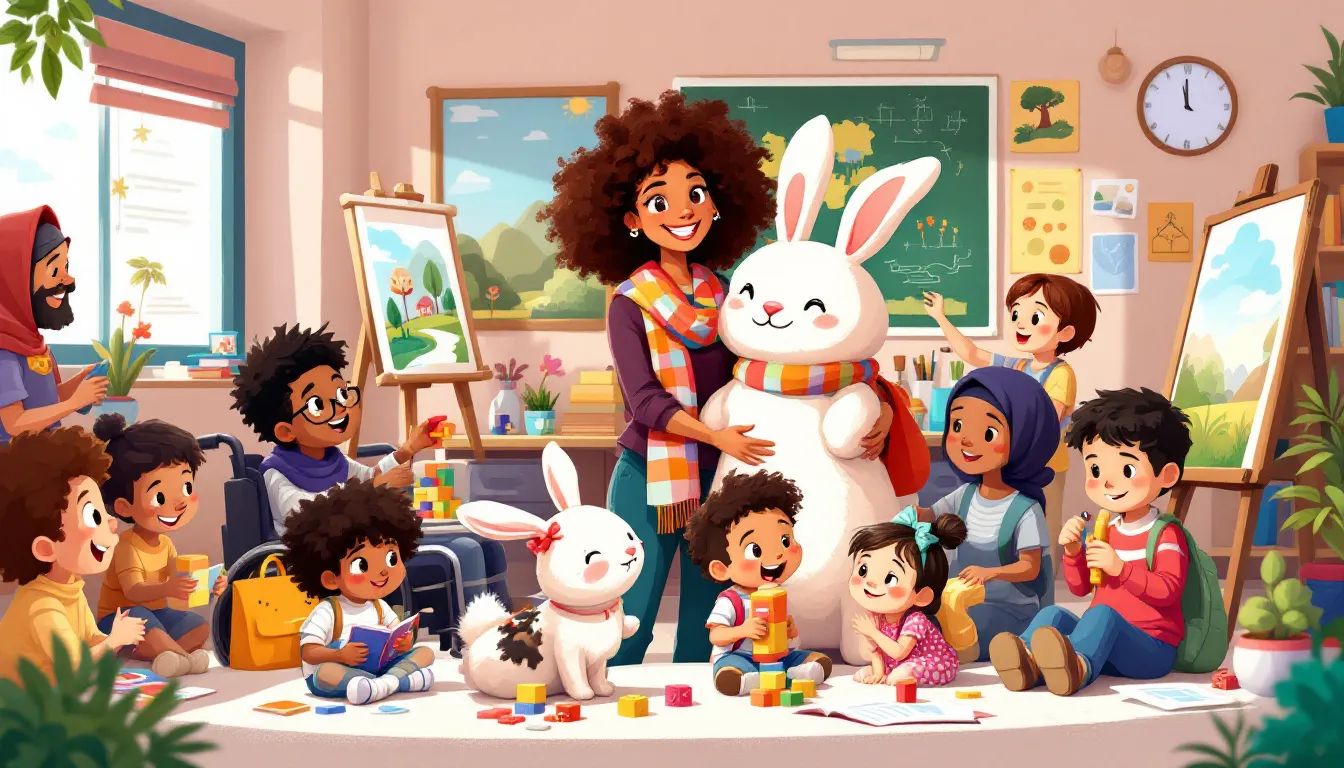 A teacher interacting positively with students in a classroom setting.