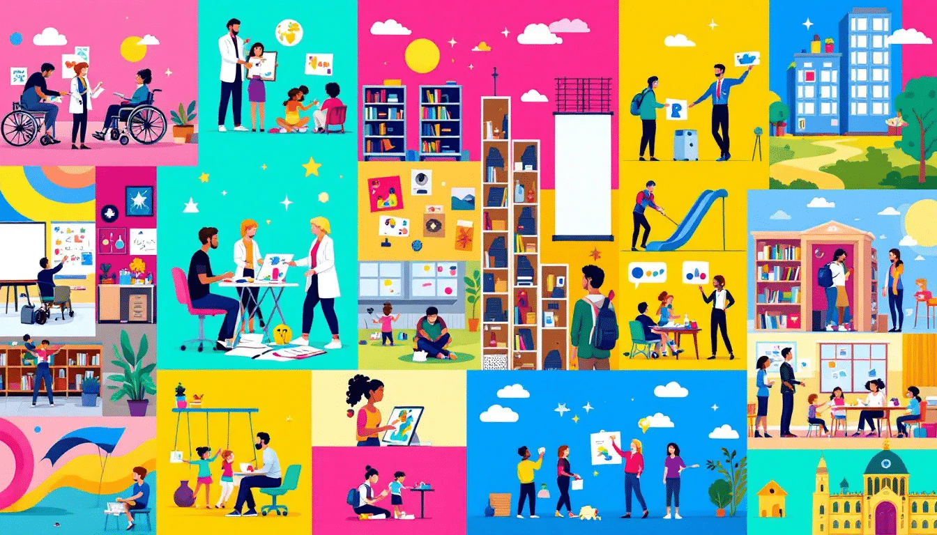 A collage of various teaching jobs available in the UK, showcasing diverse educational environments.