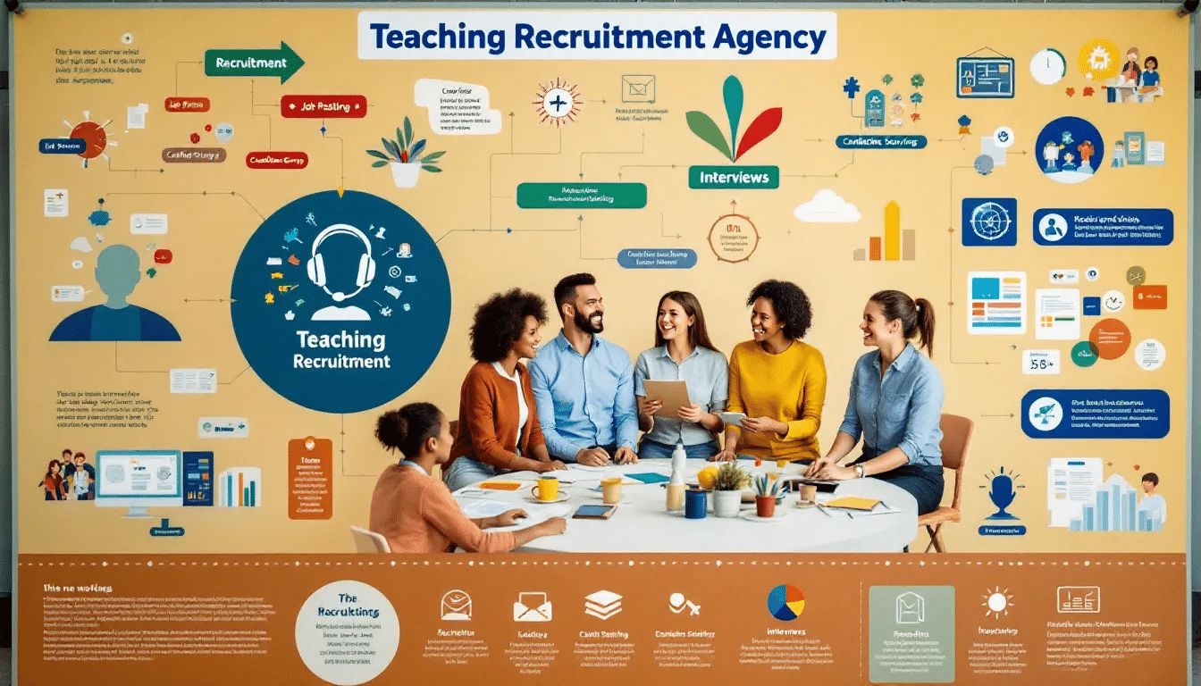 An overview of how teaching recruitment agencies work, showing a diverse group of educators.