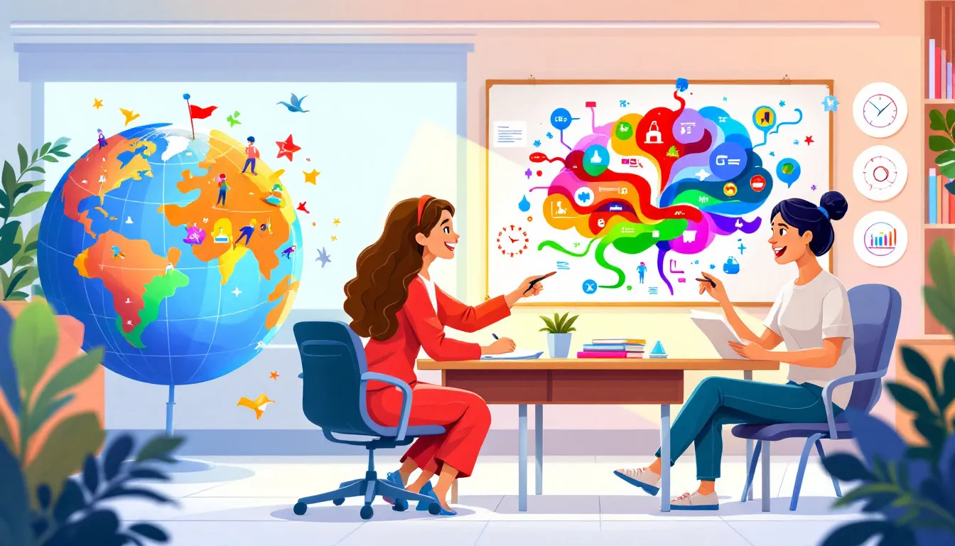 A teaching assistant collaborating with a class teacher in a classroom setting.