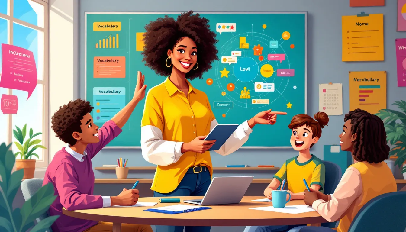 A proactive teaching assistant actively engaging with students in a classroom.