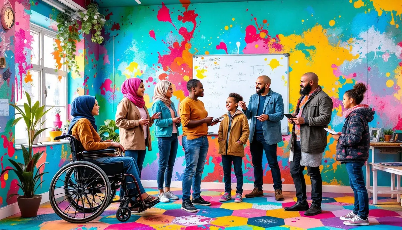 A diverse group of teachers discussing SEN class teacher opportunities in a vibrant classroom setting.