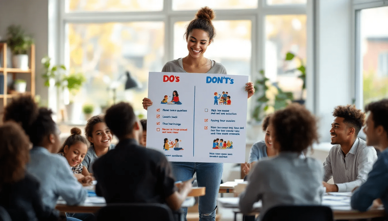 A teaching assistant engaging with pupils in a classroom setting, highlighting do's and don'ts for teaching assistants.