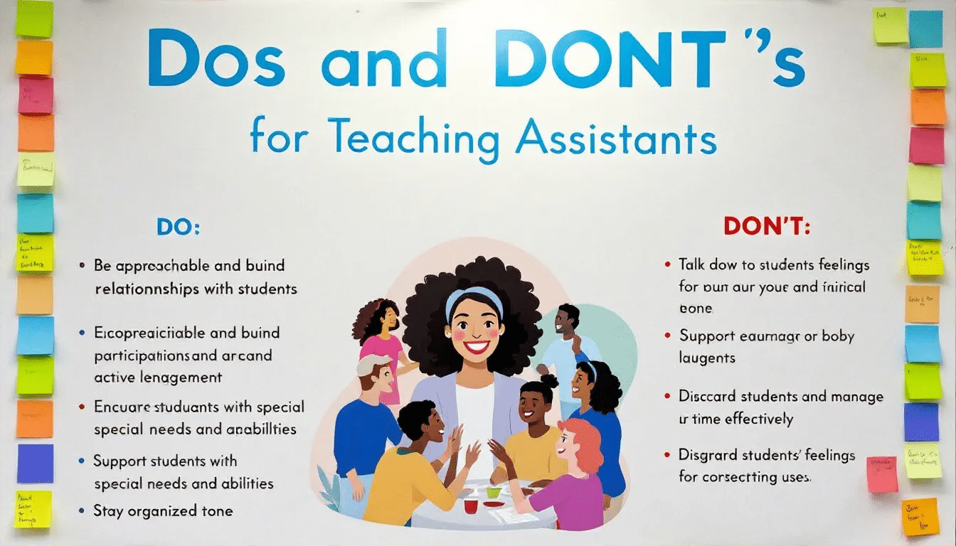 A visual representation of dos and don'ts for teaching assistants in a classroom environment.