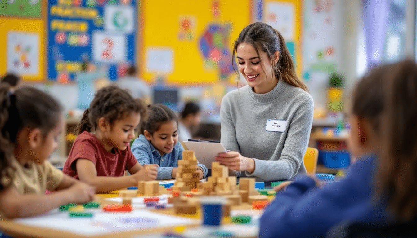 A group of students participating in a classroom activity, showcasing encouragement from a teaching assistant.