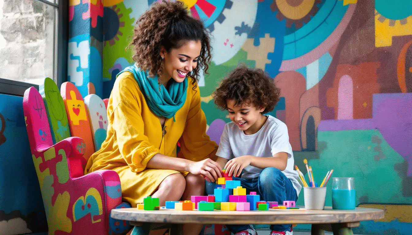 An autism tutor interacting with a student in a supportive learning environment.