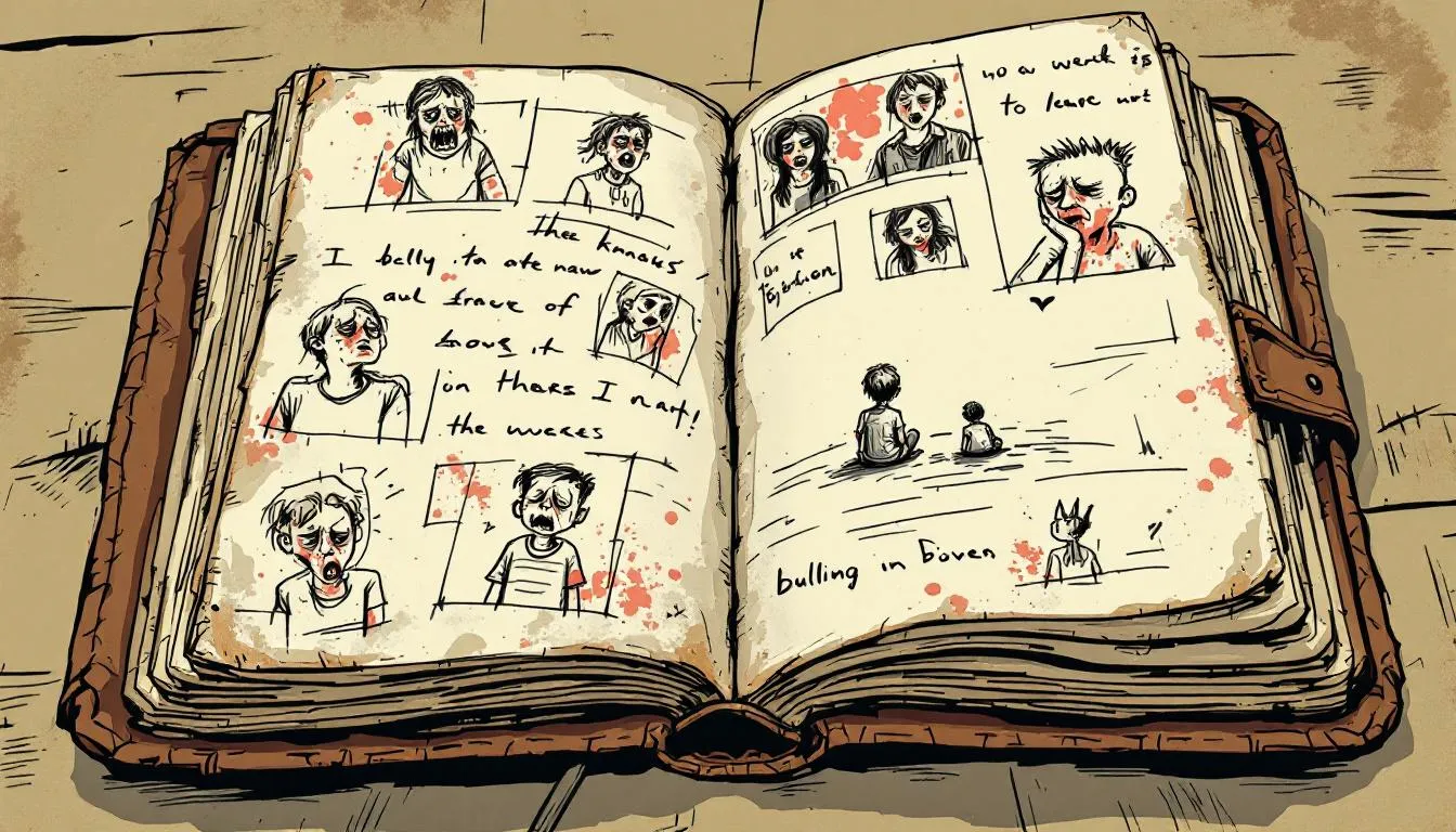 A notebook filled with notes documenting incidents of bullying at school.