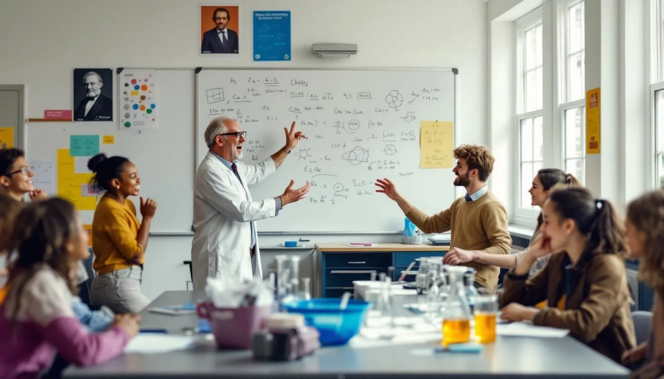 A vibrant classroom in London with a passionate science teacher.