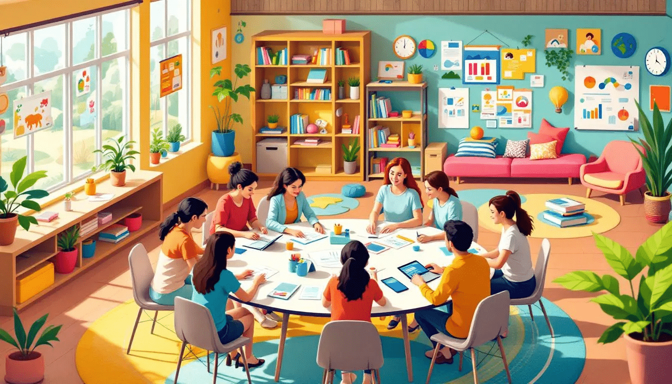 A group of early years educators collaborating on teaching strategies.