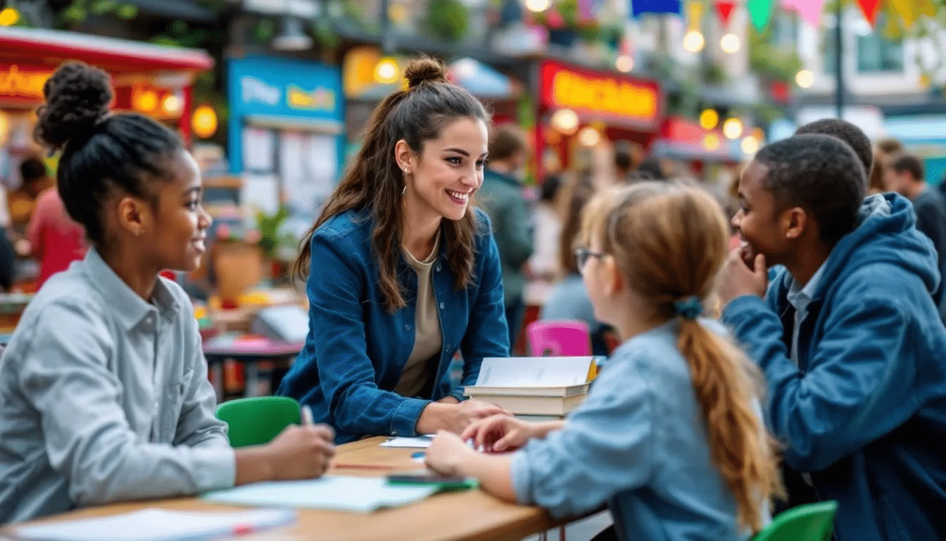 A teaching assistant working with students in a London school.