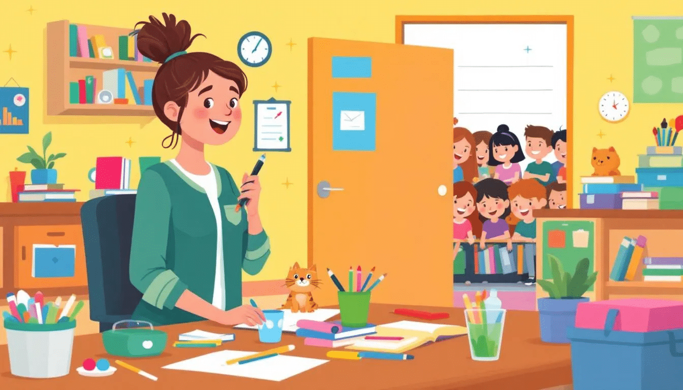 A supply teacher adapting to a new school environment with various resources.