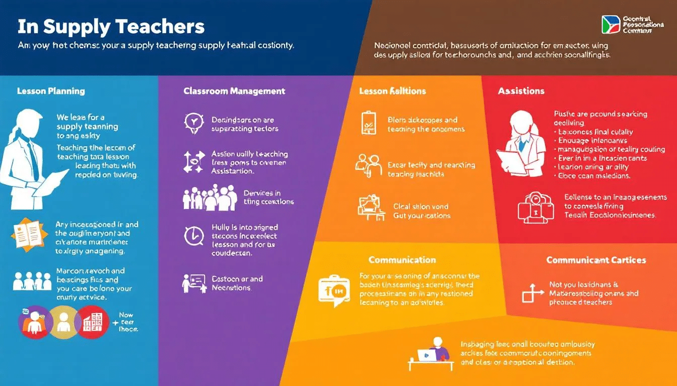 A supply teacher collaborating with teaching assistants in a classroom environment.