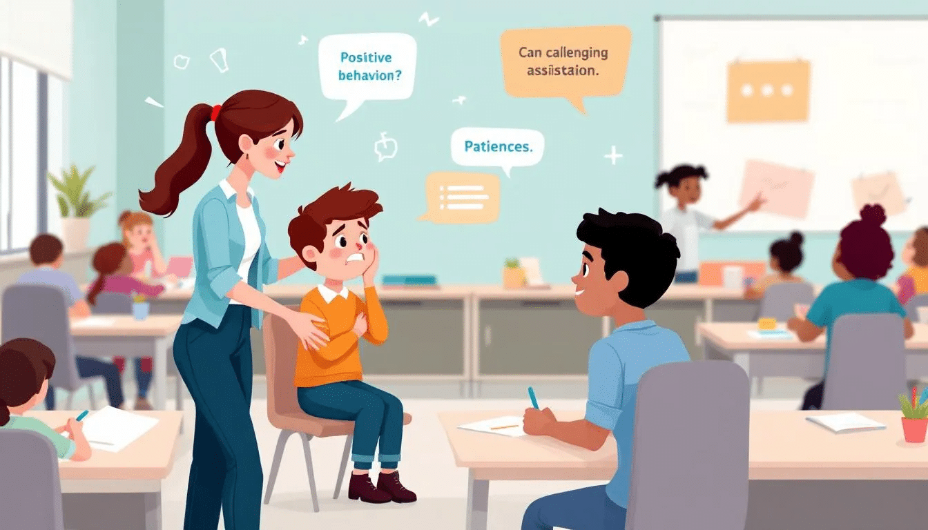 A teaching assistant handling challenging behavior appropriately in a classroom.