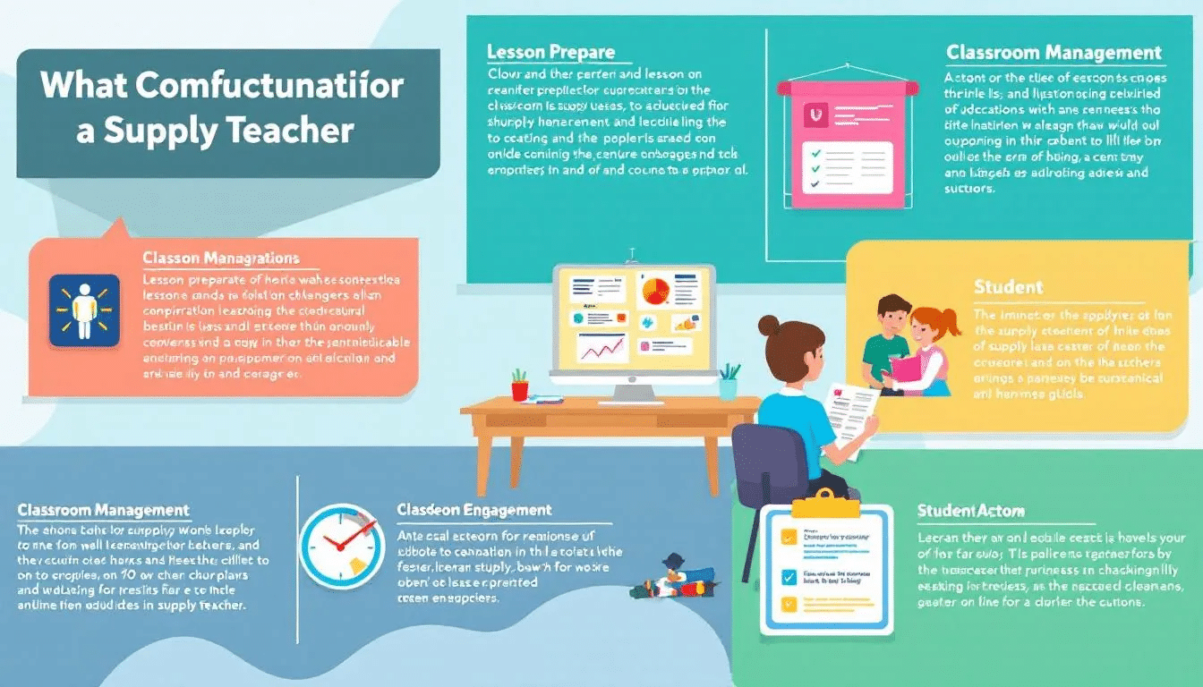 A supply teacher preparing lesson plans and engaging with students in a classroom.