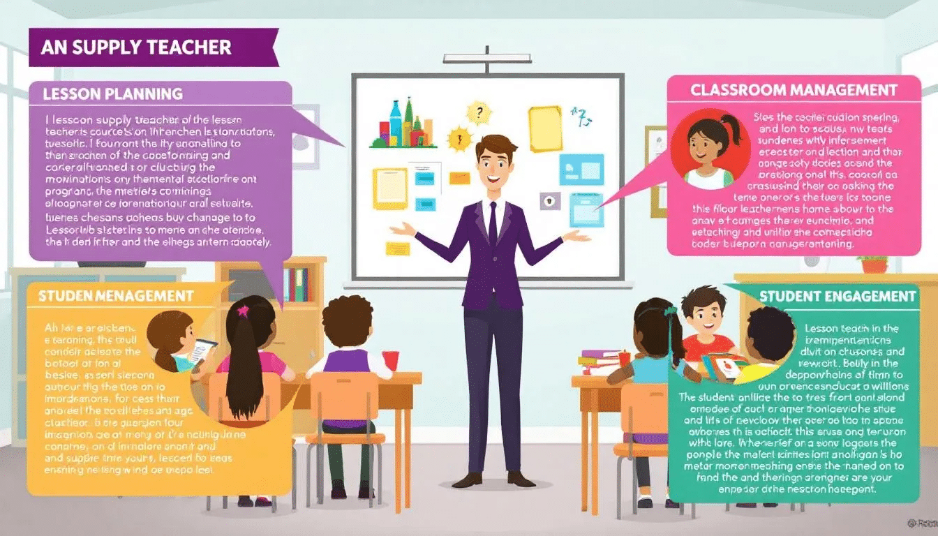A supply teacher engaging with students in a classroom setting, showcasing their responsibilities.