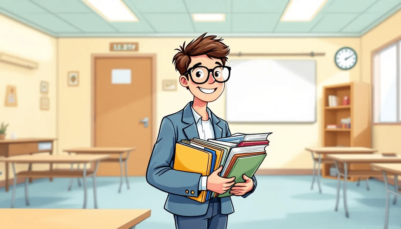 A supply teacher arriving early at a school, prepared with lesson materials.