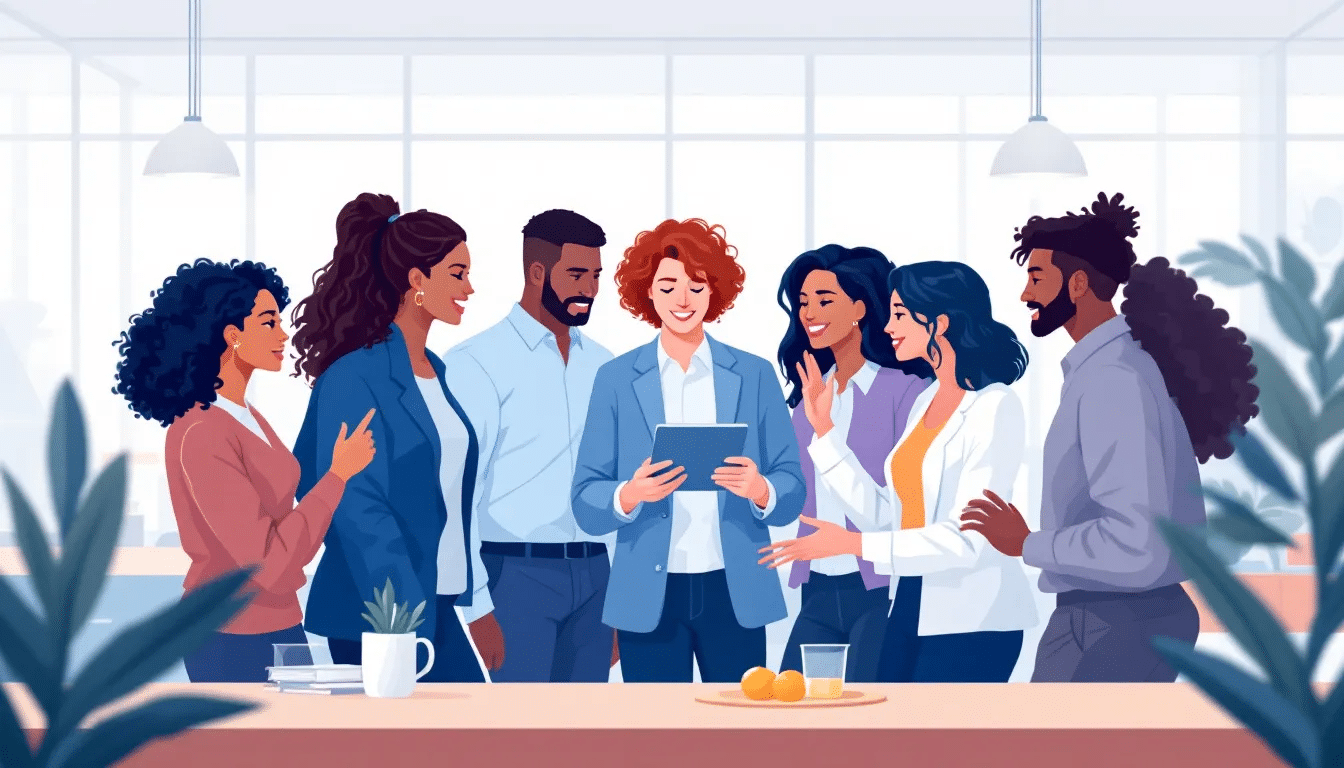 A diverse group of teachers discussing job opportunities.