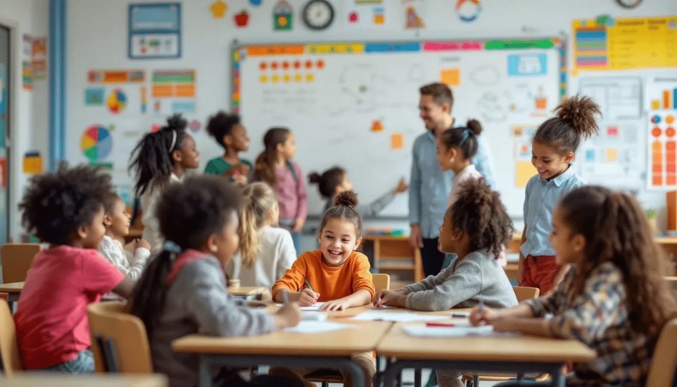 A diverse group of children in a mainstream school classroom, showcasing inclusion of SEN in mainstream schools.